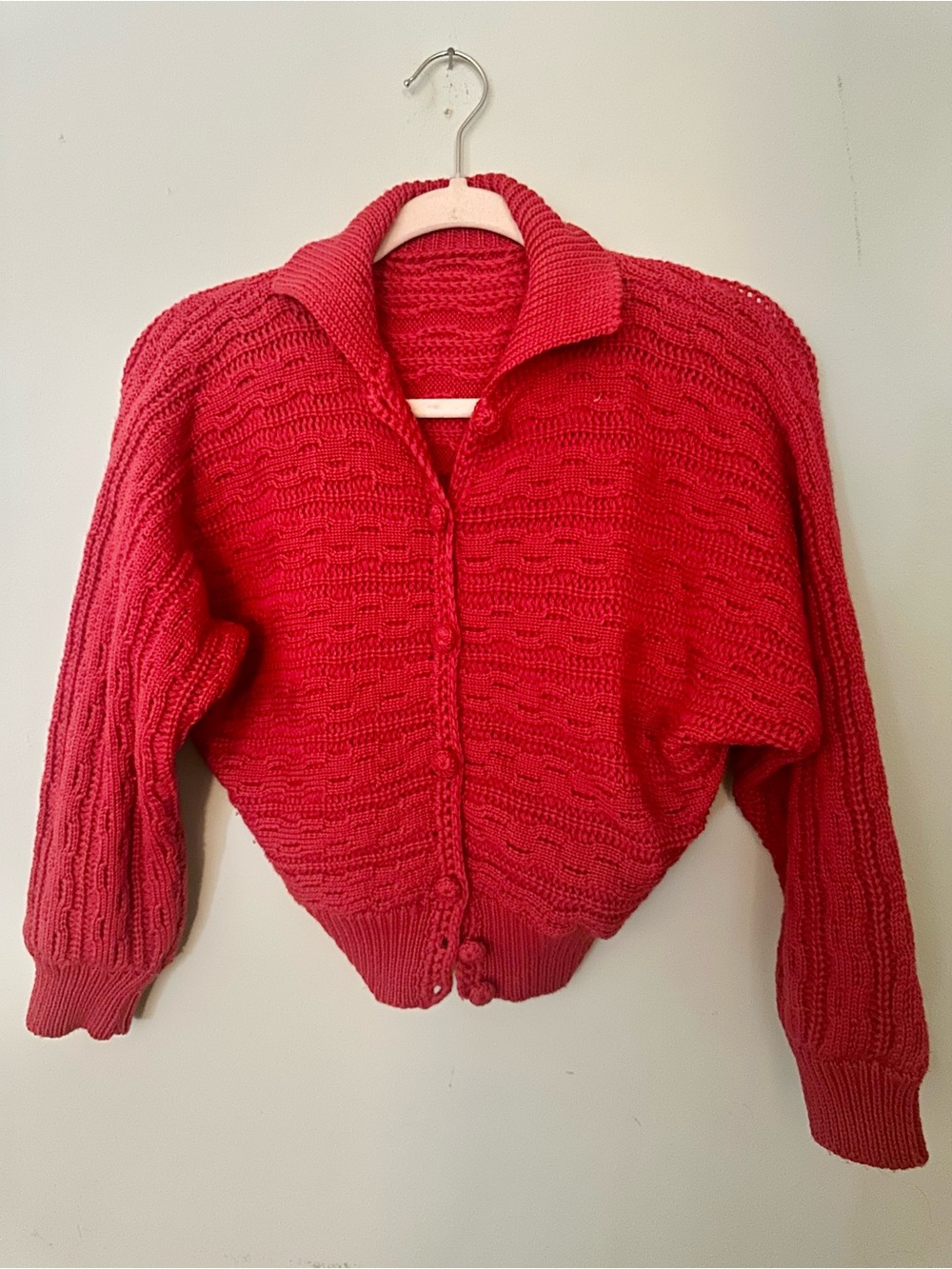 Women's Vintage Raspberry Button-Up Knit Cardigan with Folded Collar